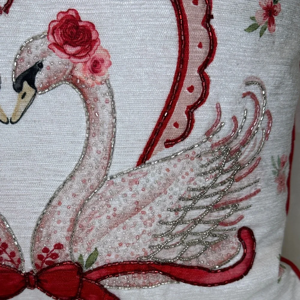 Elegant Swan Embroidered Pillow - White and Red - Picture 5 of 10